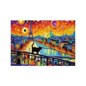 Puzzle Trefl 1000 elementów, Kot w Paryżu, autorstwa Michaela Davida Warda, przedstawia kolorowe i artystyczne przedstawienie Paryża z kotem - Trefl Puzzle