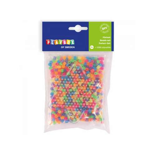 PlayBox of Sweden 5mm-es vasalható gyöngyök neon színek 1000 db-os csomag, csillag alakú alaplappal, DIY kézműves készlet