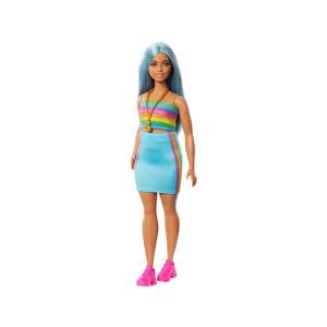 Barbie Fashionista doll with blue hair wearing a rainbow striped top and blue skirt - Barbie Baba