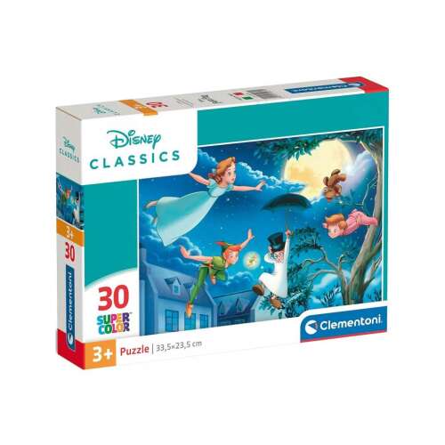 Puzzle Clementoni Disney Classics Peter Pan Supercolor cu 30 de piese, cu Peter Pan, Wendy și băieții pierduți care zboară pe cerul nopții