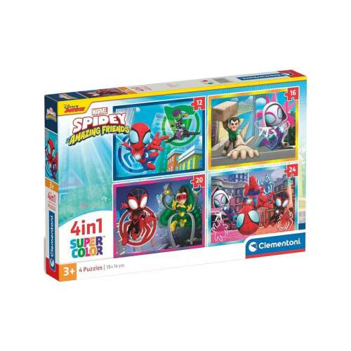 Marvel Spidey Niesamowici Przyjaciele 4 w 1 Supercolor Puzzle od Clementoni, z udziałem Spider-Mana, Spider-Gwen i innych postaci