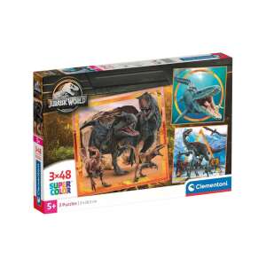 Puzzle Jurassic World 3x48 Supercolor firmy Clementoni, przedstawiające trzy różne sceny z dinozaurami - Puzzle