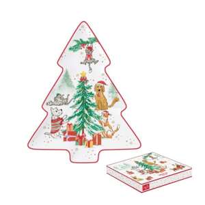 Karácsonyi Gang porcelán karácsonyfa tálca kutyákkal és macskákkal, 20,5x25,5cm - Tálalás