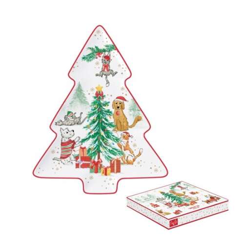 Karácsonyi Gang porcelán karácsonyfa tálca kutyákkal és macskákkal, 20,5x25,5cm