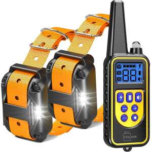 Professional Electric Dog Training Collar for 2 Dogs, Rechargeable, 800m Range, Water & Dustproof, Rubber Electrodes, Leather Protector, Adjustable Circumference 21-68 cm, Orange