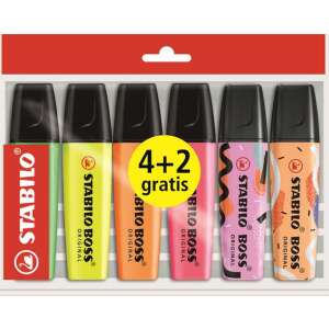 STABILO Boss Original szövegkiemelő készlet, 6 db, 4 szín + 2 ingyen, 2-5 mm ferde hegyű - Írószer