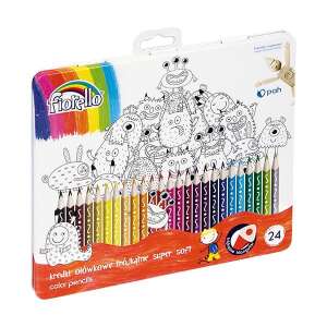 Set de 24 creioane colorate triunghiulare Fiorello într-o cutie metalică cu design de monștri - Creioane colorate