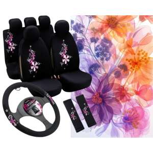 Autó üléshuzat szett, kormányhuzat és biztonsági öv párna virágmintával - Nonbrand Autó üléshuzat