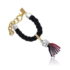 Design Divat VE006 fekete kötél karkötő ezüst és arany díszítéssel és színes rojttal - Női ékszer