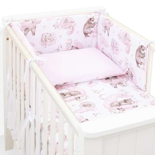 MTT 3 részes babaágynemű szett rózsaszín felhőkkel és alvó macikkal, tartalmazza a rácsvédőt, a huzatot és a párnahuzatot