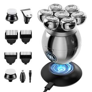 MaGeCa Professional Men's Razor, 7D, Rotating Head, 5-in-1 Professional Men's Grooming Kit, Waterproof, Wireless Charging, LED Display, Multifunctional, Silver