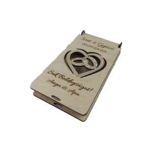 Személyre szabható fa pénzátadó doboz esküvőre, gyűrűs mintával, gravírozva nevekkel és dátummal - Ajándékötlet esküvőre