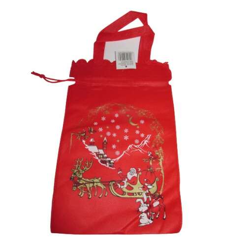 Piros karácsonyi ajándékzsák Mikulással és rénszarvasokkal, 20 cm x 32 cm