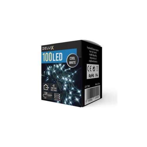 Zelux 100 LED hideg fehér elemes fényfüzér 12m