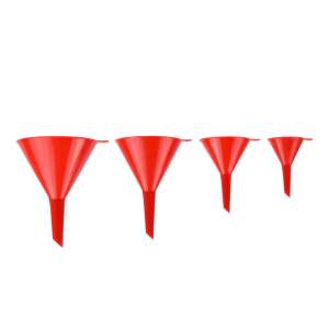 Zestaw 4 czerwonych plastikowych lejków, Geko G02152, różne rozmiary, do wymiany oleju, konserwacji samochodu, garażu, warsztatu, ogrodu - Akcesoria do kanistra paliwa