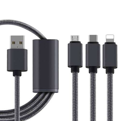 3 az 1-ben megtörhetetlen USB töltőkábel - Micro USB, USB C és Lightning csatlakozóval
