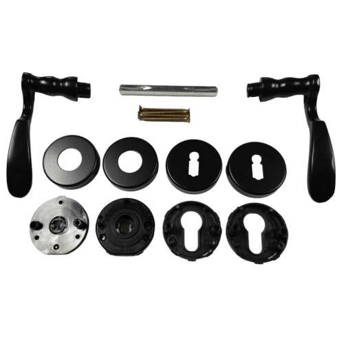 Martin Fekete Ajtókilincs Szett, tartalmazza az ajtókilincset, rozettát, kulcslyuk fedelet, csavarokat és a szerelési útmutatót