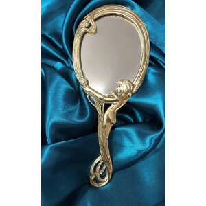 Mosadzný ručný zrkadlo s ženskou postavou, ozdobné zrkadlo, vintage zrkadlo, starožitné zrkadlo, ručné zrkadlo, zrkadlo na líčenie, toaletné zrkadlo - Kozmetické zrkadlá