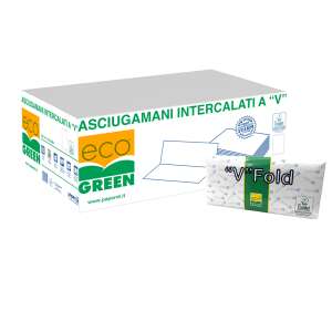 Eco Green V-hajtogatású papírtörlő, 2 rétegű, 250 lap/csomag, 20 csomag/karton, fehér kék nyomattal - Paperdi