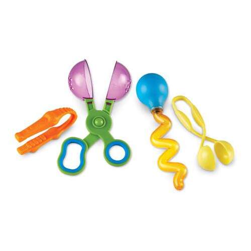 Learning Resources Helping Hands Fine Motor Tool Set, the tools laid out on a white background