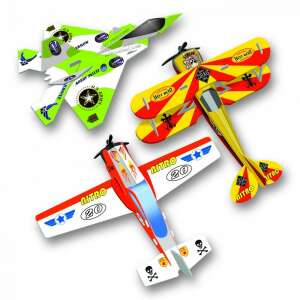 CreaLign airplane model kit, showing three different airplane models: a green fighter jet, a yellow biplane, and a red race plane - Crealign
