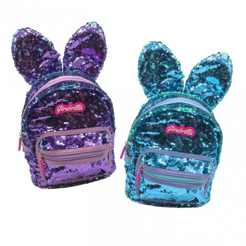 Girabrilla nyuszifüles mini hátizsák, kék és lila flitteres design