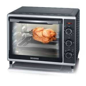 Severin TO 2056 Mini Oven with Rotisserie, black and silver, with a chicken on the rotisserie - Severin