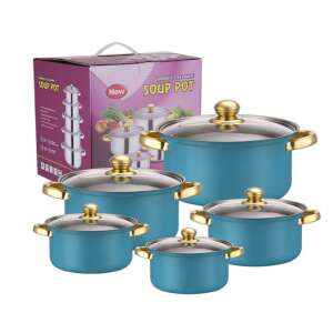 Set de vase din oțel inoxidabil cu 10 piese, cu capace din sticlă, albastru cu accente aurii - Veselă