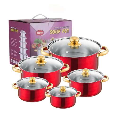 Set de vase din oțel inoxidabil cu 10 piese, cu capace din sticlă, roșu, G18