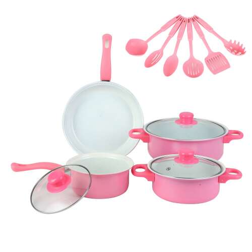 13 piece pink non-stick cookware set with kitchen utensils