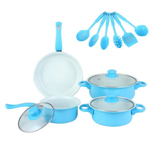 13 piece non-stick cookware set with kitchen utensils in light blue, G26