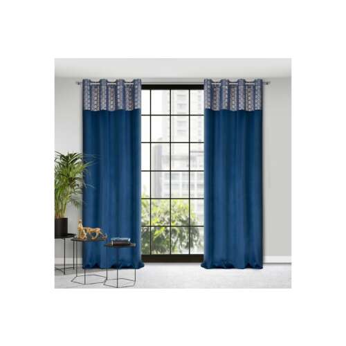 Eurofirany Elen bársony sötétítő függönyök gránátkék színben, 140x250 cm, geometrikus mintával