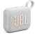 Angled view of white JBL Go 4 portable Bluetooth speaker with JBL logo