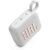 Angled view of white JBL Go 4 portable Bluetooth speaker showing controls and logo