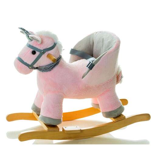 Rózsaszín unikornis hintaló fa talppal, szürke nyereggel és biztonsági övvel, kisgyermekeknek és gyerekeknek