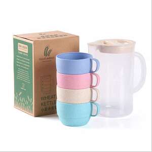 4 darabos búzaszalma bögre szett kancsóval, TOO KT-108 - Műanyag pohár