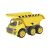 Vedere unghiulară a camionului basculant BIG Power Worker Mega, camion de jucărie galben