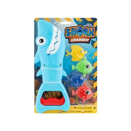 Cápás fürdőjáték 4 halacskával, kék cápa nyíló szájú, sárga, zöld, kék és piros halak, Grafix