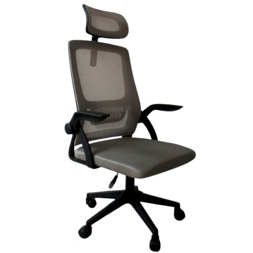 Ergonomikus szürke irodai szék állítható magassággal és fejtámlával.