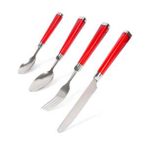 BEWELLO 4 részes evőeszköz készlet piros műanyag nyéllel, tartalmaz kanalat, desszert kanalat, villát és kést - Bewello