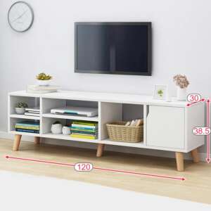 Biely TV stojan s policami a dvierkami skrinky, šírka 120 cm, hĺbka 30 cm, výška 38 cm - Nábytok na TV a médiá