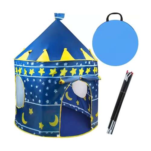 Kruzzel blaues und gelbes Schloss-Spielzelt für Kinder mit Sternen und Monden, kommt mit Tragetasche und Stangen
