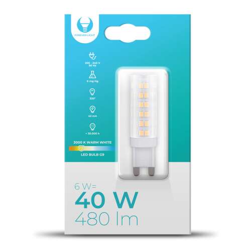 Forever Light G9 LED izzó, 6W, 230V, 3000K meleg fehér, 480lm