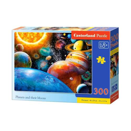 Castorland 300 piece jigsaw puzzle for ages 8 and up, featuring a colorful image of planets and their moons