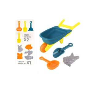 Blauer und gelber Plastik-Handwagen mit Schaufeln und Tierformen für Kinder-Sandkästen - Strandspielzeug