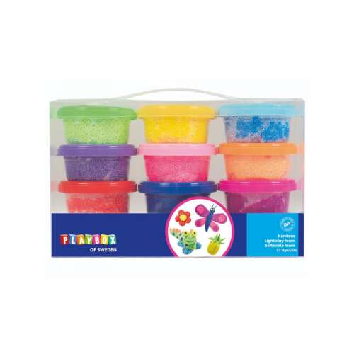 PlayBox of Sweden 12-piece light clay foam set, 14 grams per container, colorful, in a clear plastic box