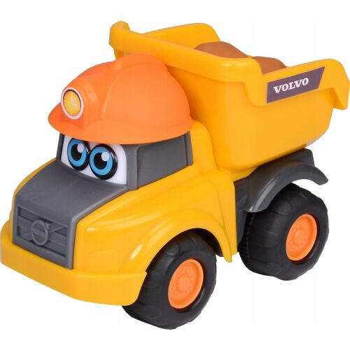 Volvo ABC Builder Team toy dump truck with cartoon eyes and construction helmet