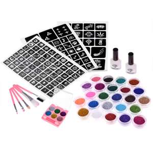 Set de tatuaje cu sclipici cu 120 șabloane, 24 borcane cu sclipici, lipici, pensule și fard de pleoape - Tatuaje temporare