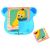 Wooden cube puzzle with banana image on blue stand, fruit block puzzle