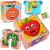 Collage of wooden fruit cube puzzles with orange, strawberry, watermelon and banana images